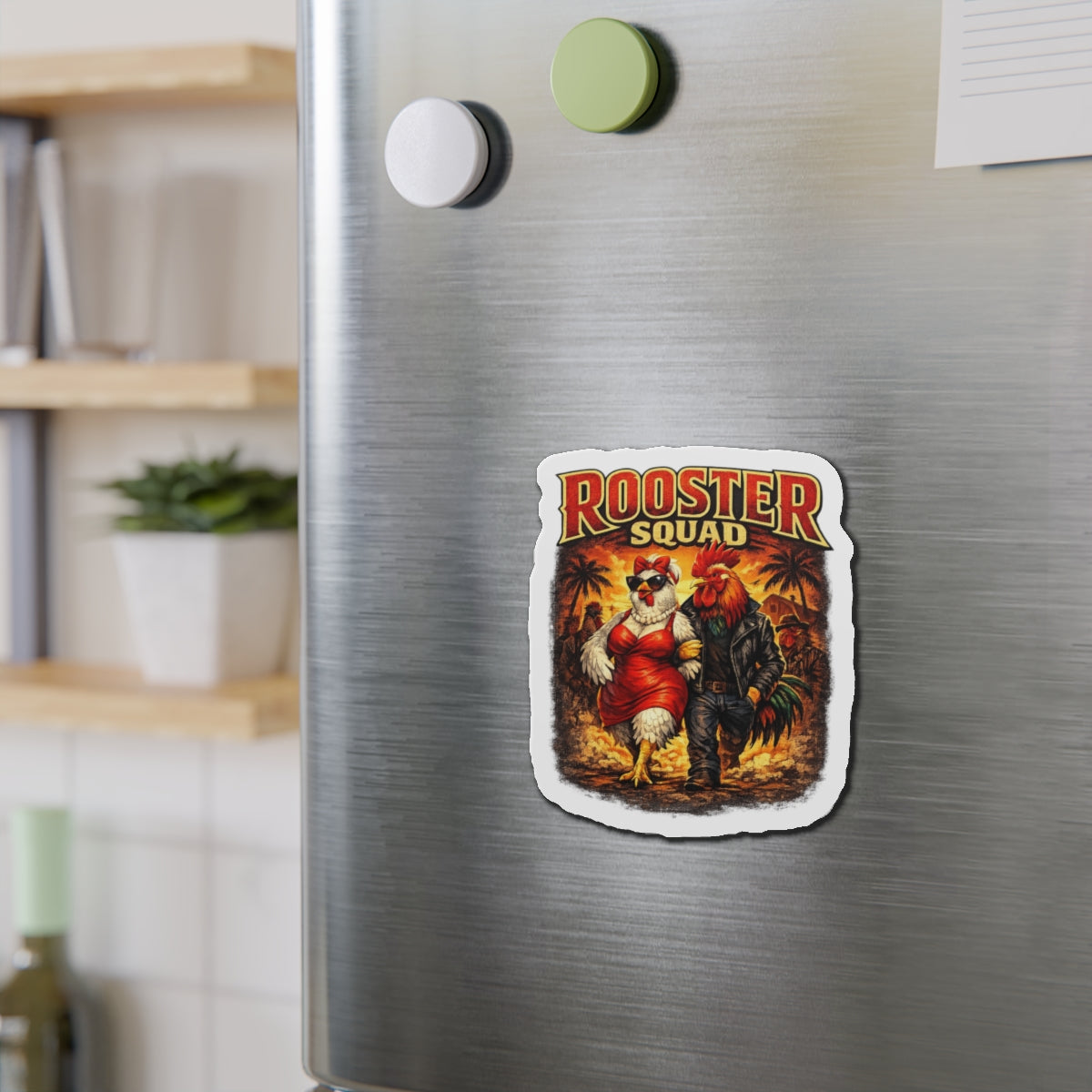 Rooster Squad Die-Cut Magnet — Retro Rockabilly Chicken Couple Refrigerator Sticker