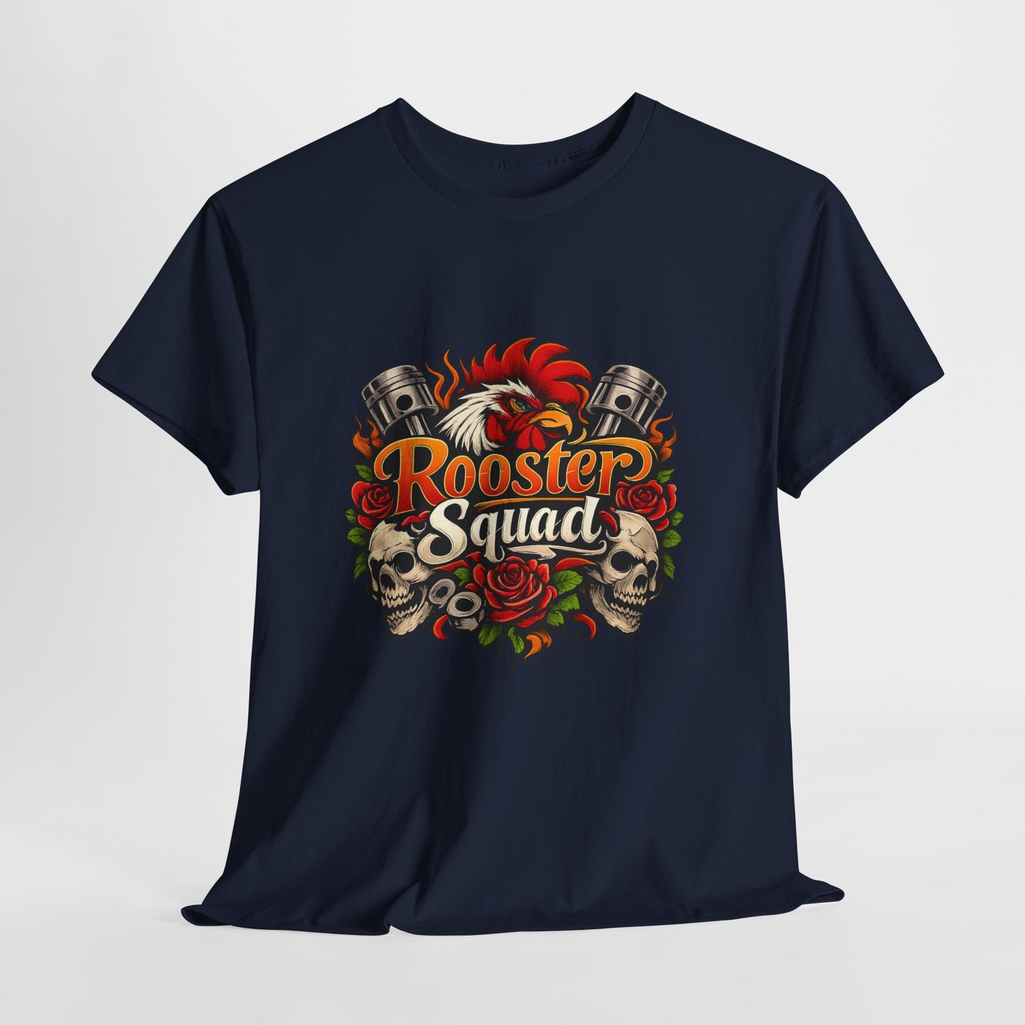 Rooster Squad Graphic Tee — Retro Skull & Pistons Vintage Motorcycle Shirt