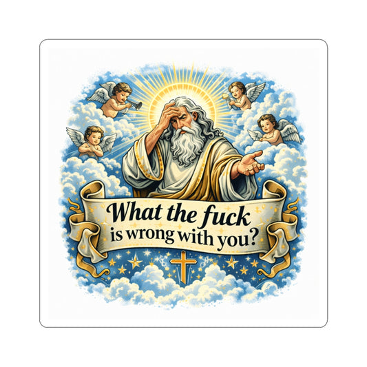 Religious Humor Kiss-Cut Sticker — Colorful Angel & 'God with a Sense of Humor' Design