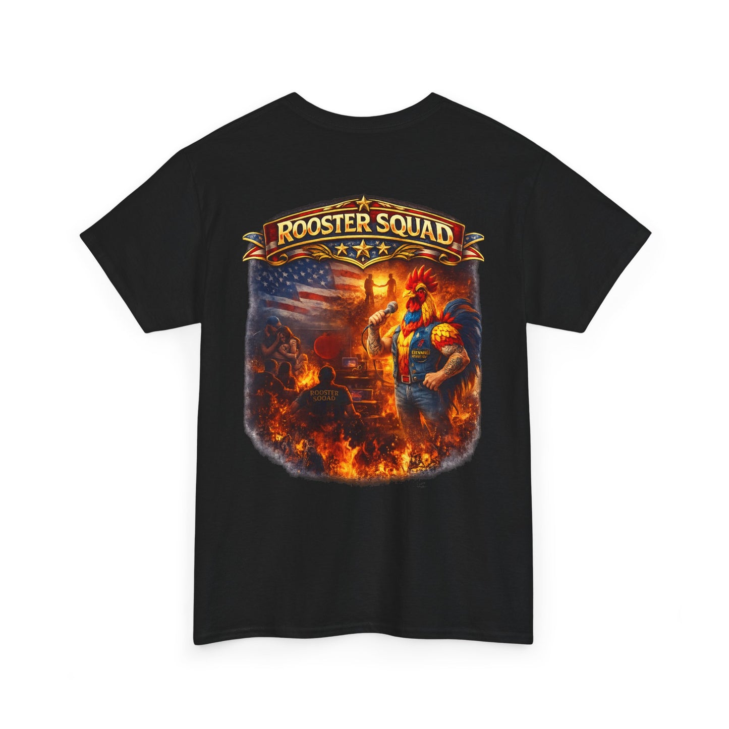Rooster Squad Graphic Tee — Vintage Firefighter-Style Back Print