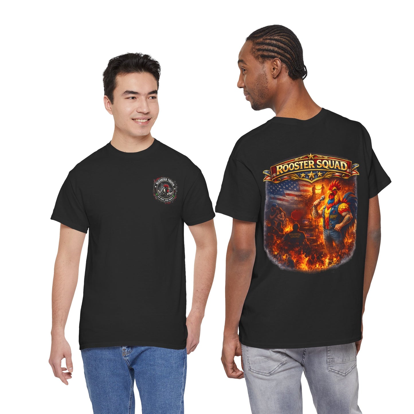 Rooster Squad Graphic Tee — Vintage Firefighter-Style Back Print
