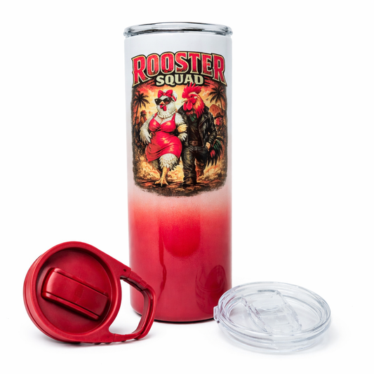Rooster Squad 20oz Tumbler – Dark Orange Ombre Sublimation Cup with Carabiner Lid & Slide Lid | Funny Chicken Tumbler