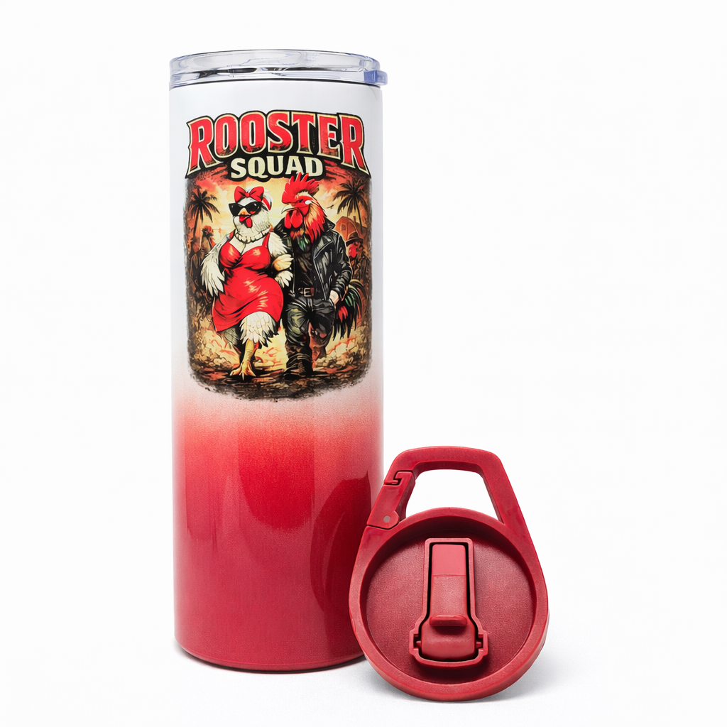 Rooster Squad 20oz Tumbler – Dark Orange Ombre Sublimation Cup with Carabiner Lid & Slide Lid | Funny Chicken Tumbler