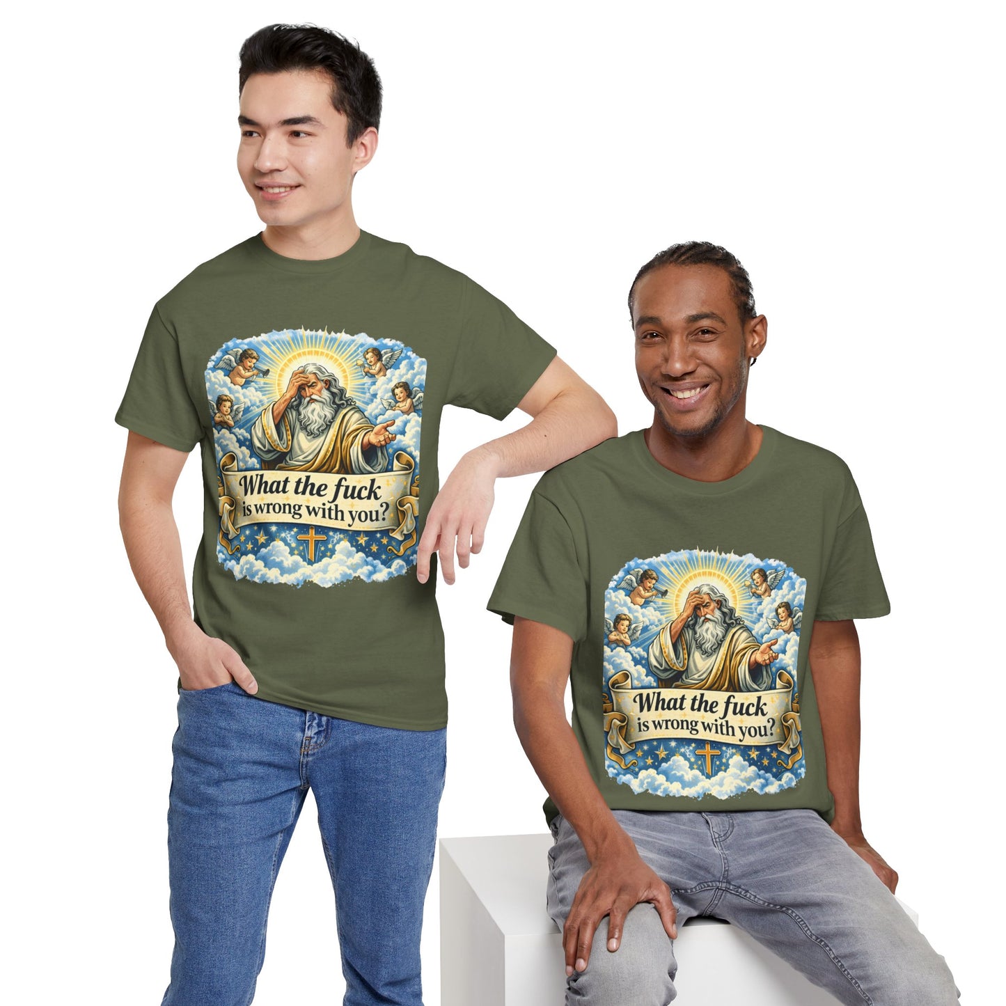 Religious Parody Tee — "What the fuck is wrong with you?" Graphic T-Shirt