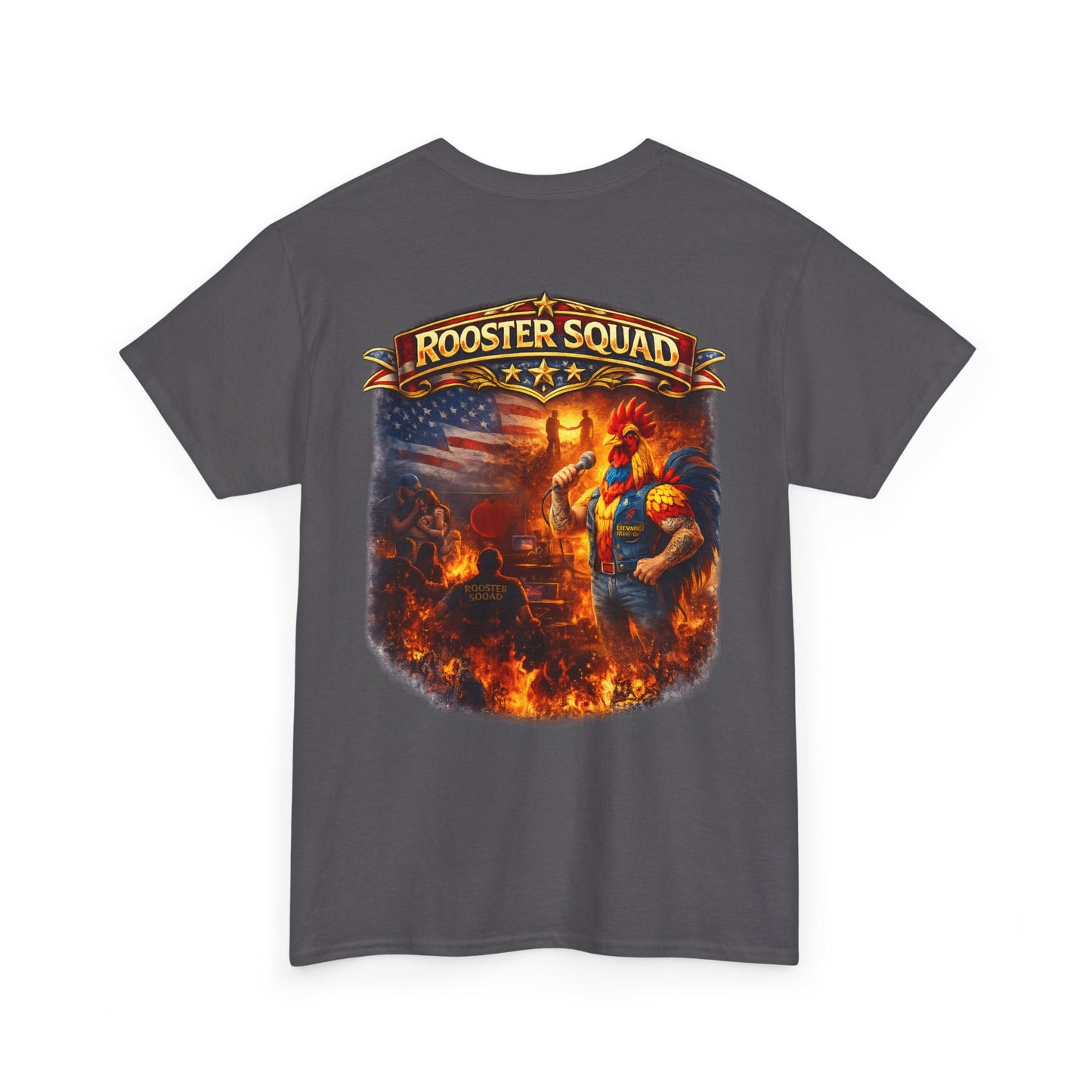 Rooster Squad Graphic Tee — Vintage Firefighter-Style Back Print