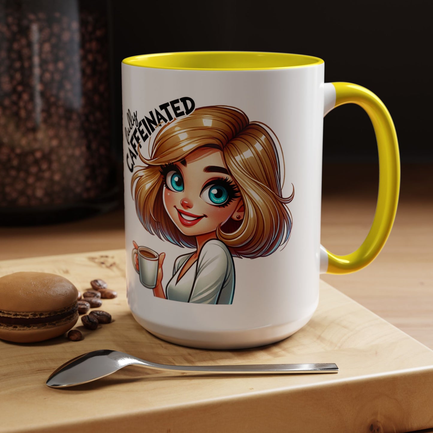 Accent Coffee Mug — Cute Blonde 'Fully Caffeinated' Coffee Lover Gift (11/15 oz)