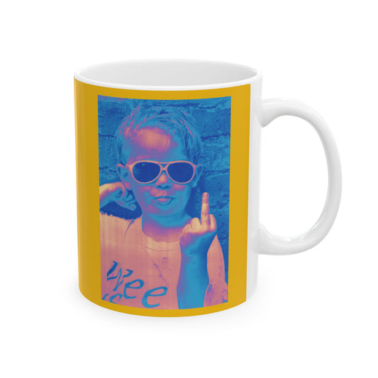 Bold Kid Photo Mug — Retro Neon Portrait Ceramic Coffee Cup (11oz/15oz)