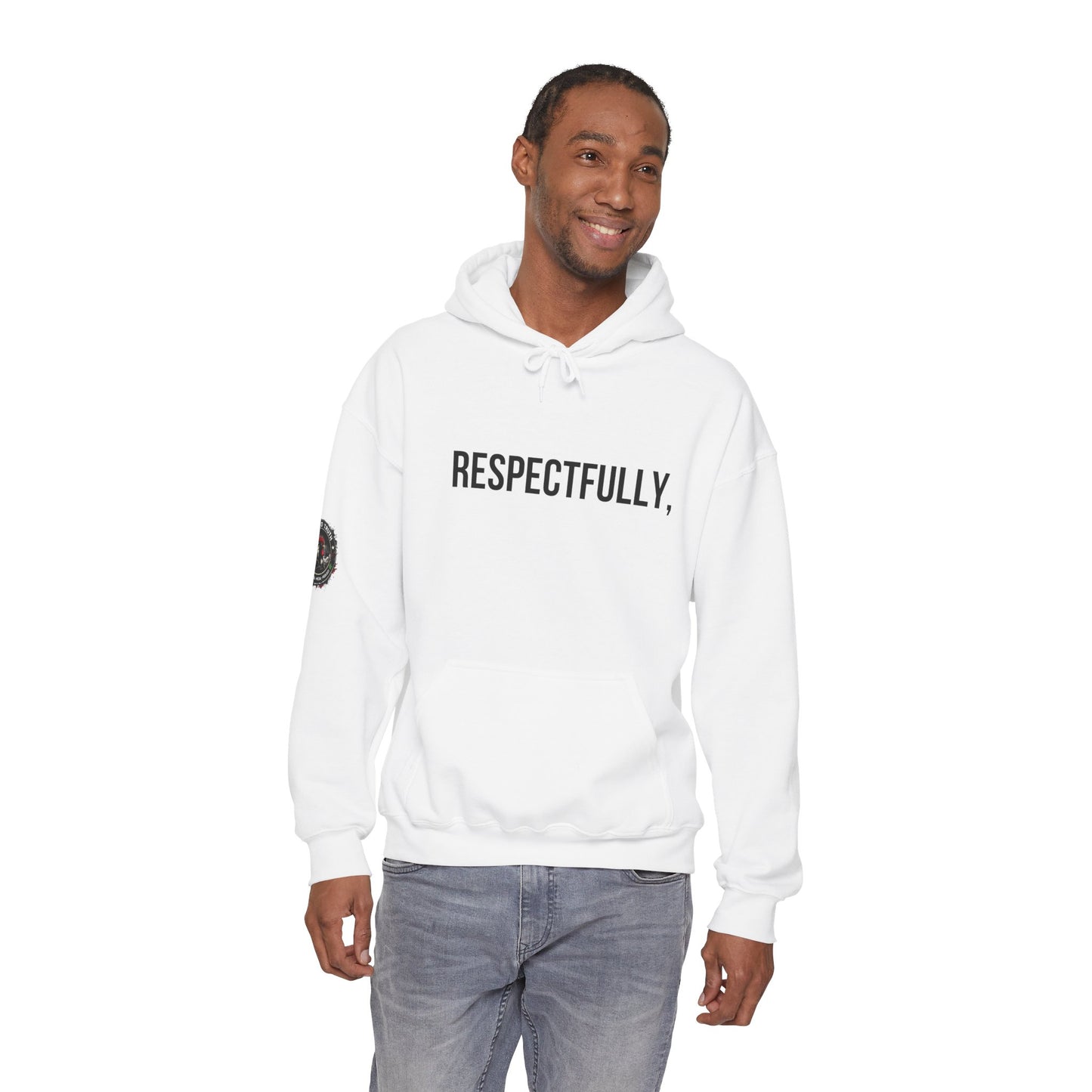 RESPECTFULLY, Hoodie — Minimalist White Pullover with 'RESPECTFULLY' Chest Print