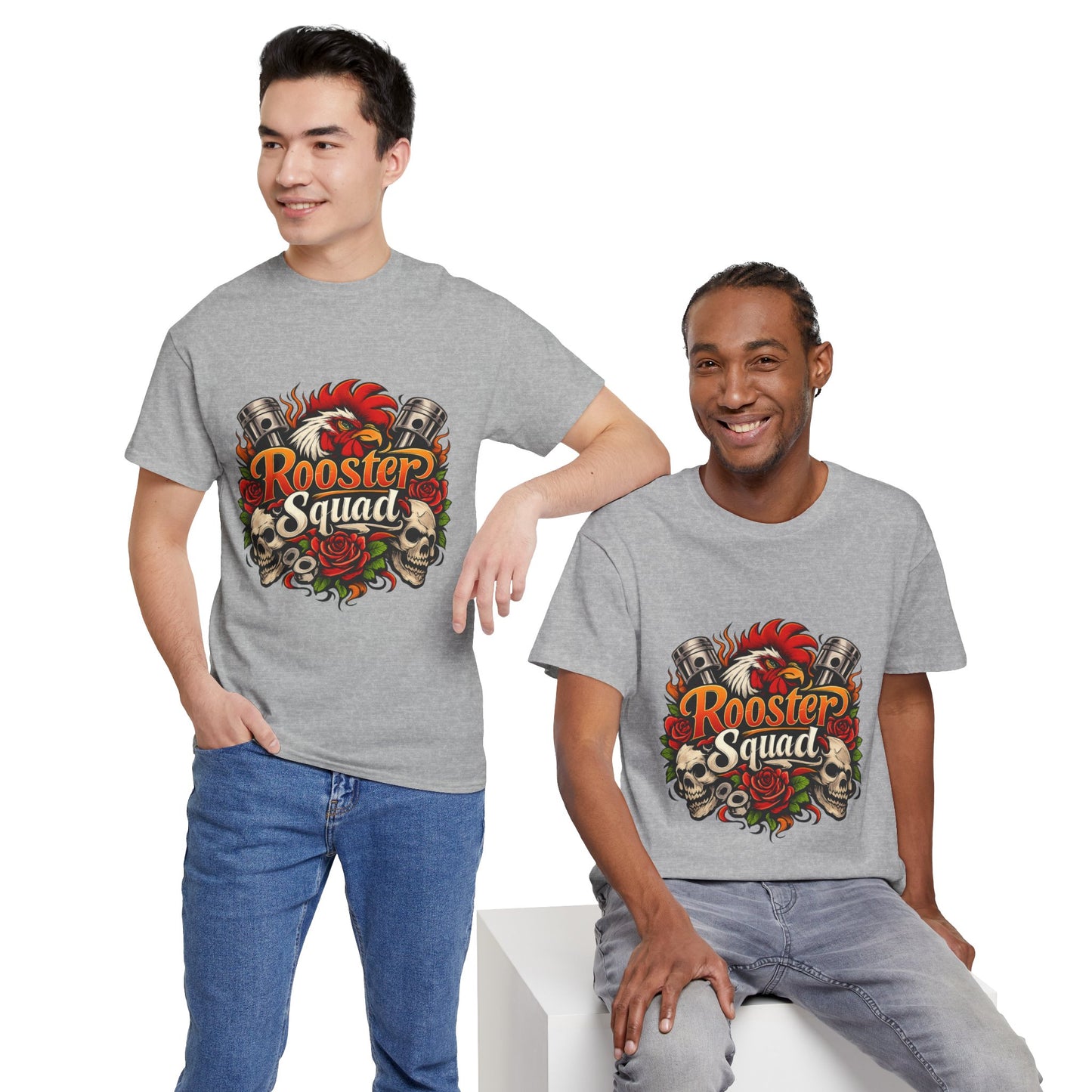 Rooster Squad Graphic Tee — Retro Skull & Pistons Vintage Motorcycle Shirt