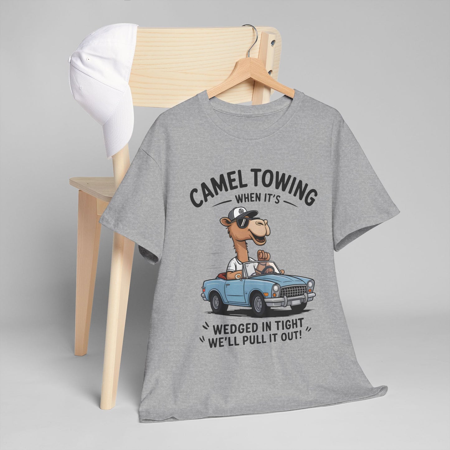 Camel Towing Tee — "When It's Wedged In Tight We'll Pull It Out" Funny Camel Mechanic T-Shirt