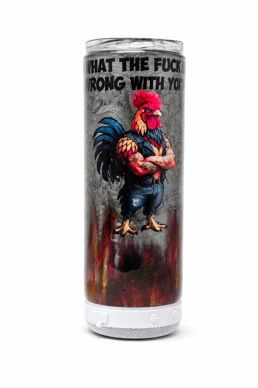 20oz Funny Rooster Tumbler with Bluetooth Speaker – “What The F* Is Wrong With You” Sarcastic Resin Coffee Cup – Removable Speaker Base**