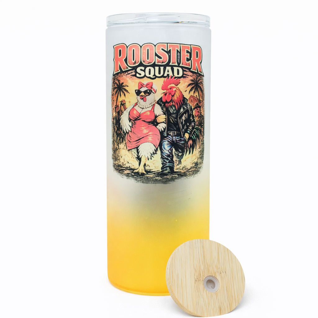 Rooster Squad 20oz Frosted Glass Tumbler – Funny Chicken Couple Cup – Includes Bamboo Lid & Slide Lid