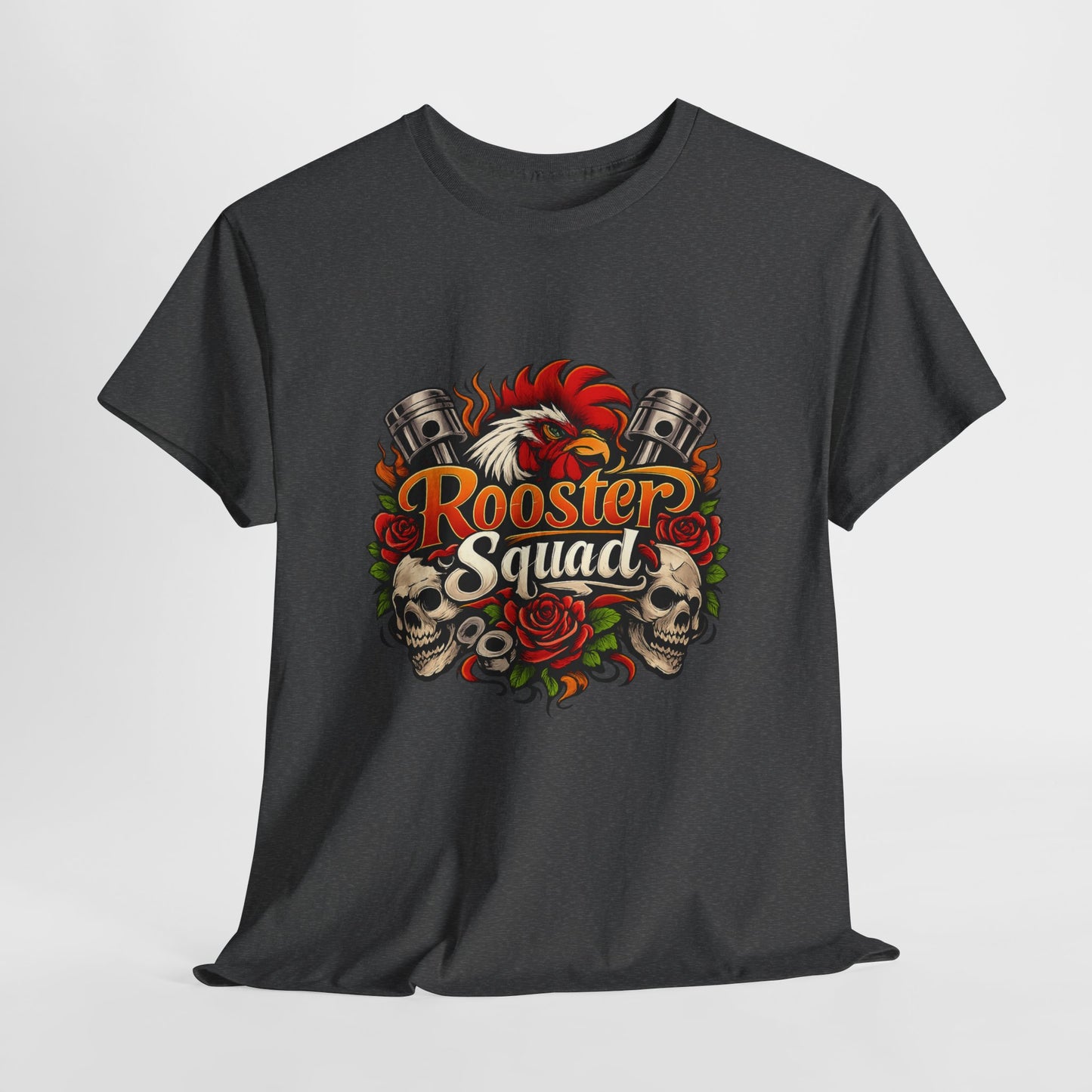 Rooster Squad Graphic Tee — Retro Skull & Pistons Vintage Motorcycle Shirt