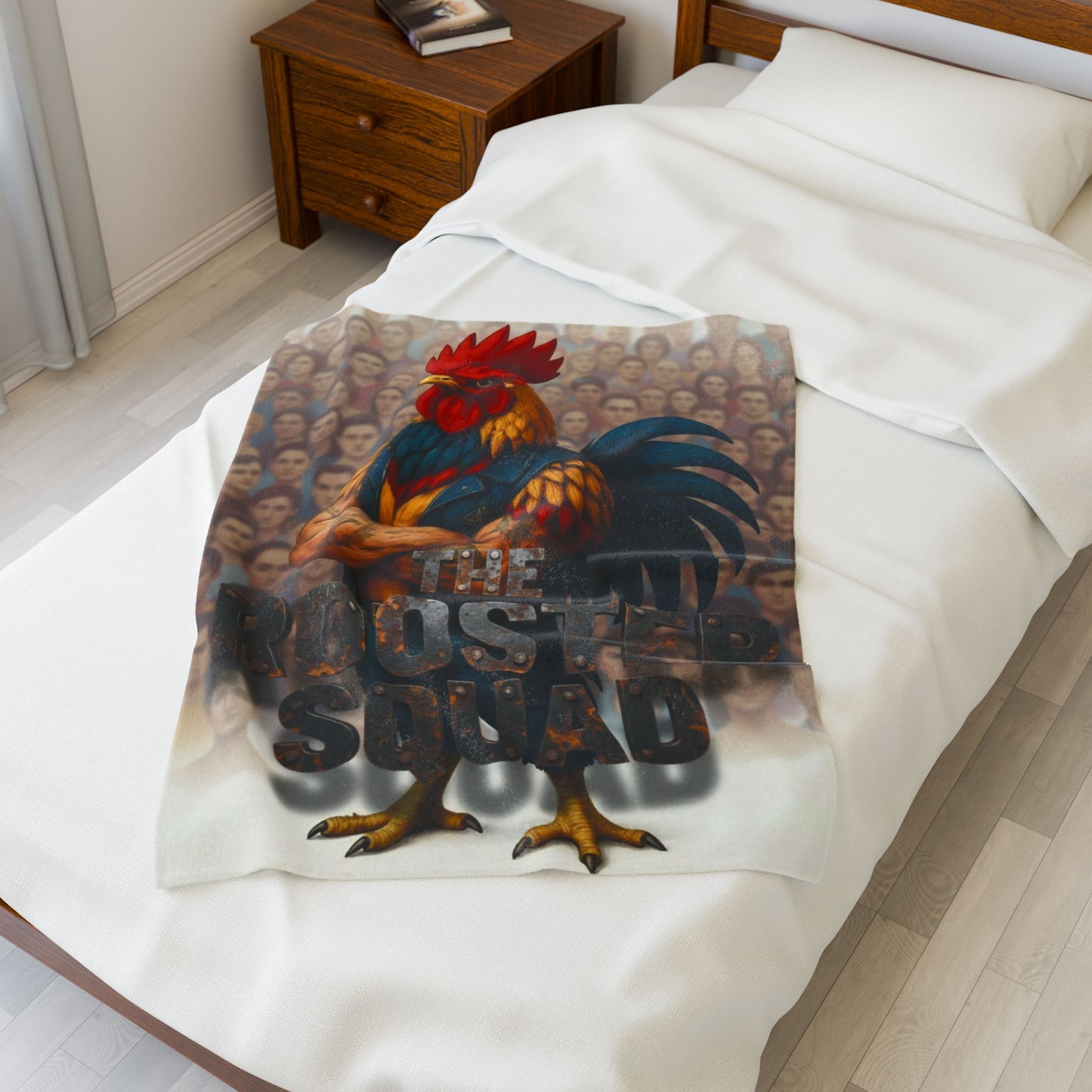 ROCK WITH YOUR FLOCK: The Rooster Squad Velveteen Plush Blanket — Bold Rooster Graphic Throw