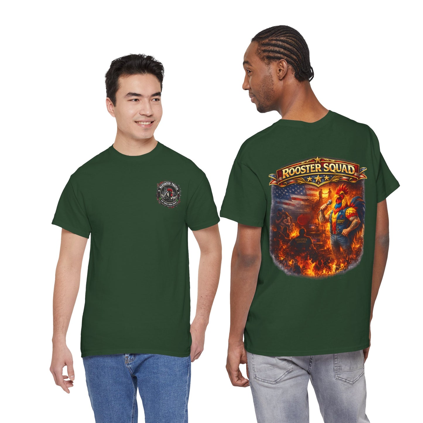 Rooster Squad Graphic Tee — Vintage Firefighter-Style Back Print