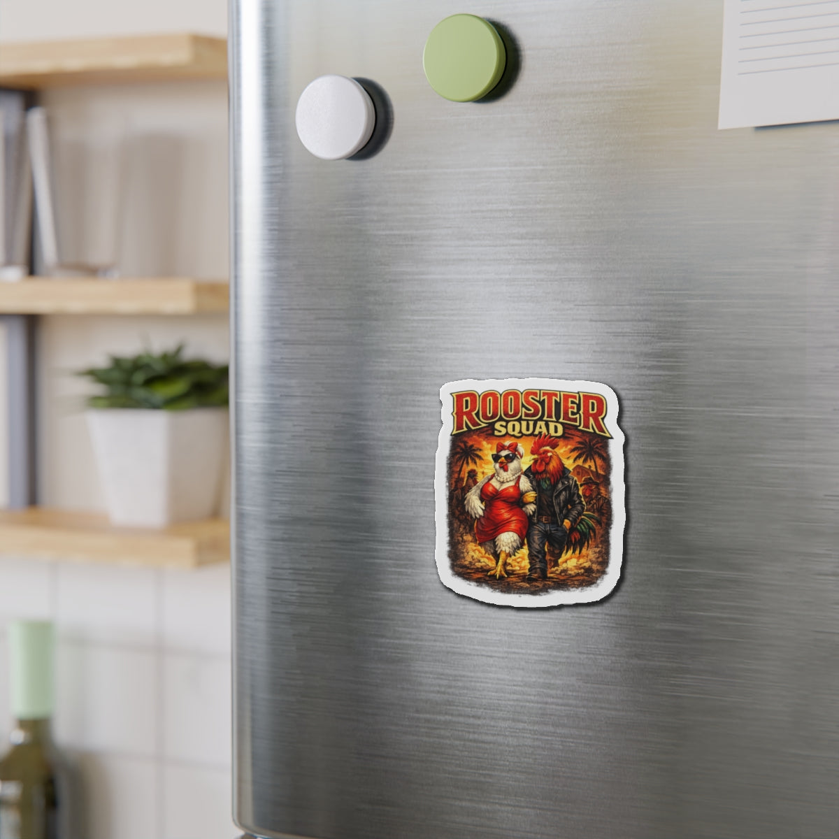 Rooster Squad Die-Cut Magnet — Retro Rockabilly Chicken Couple Refrigerator Sticker