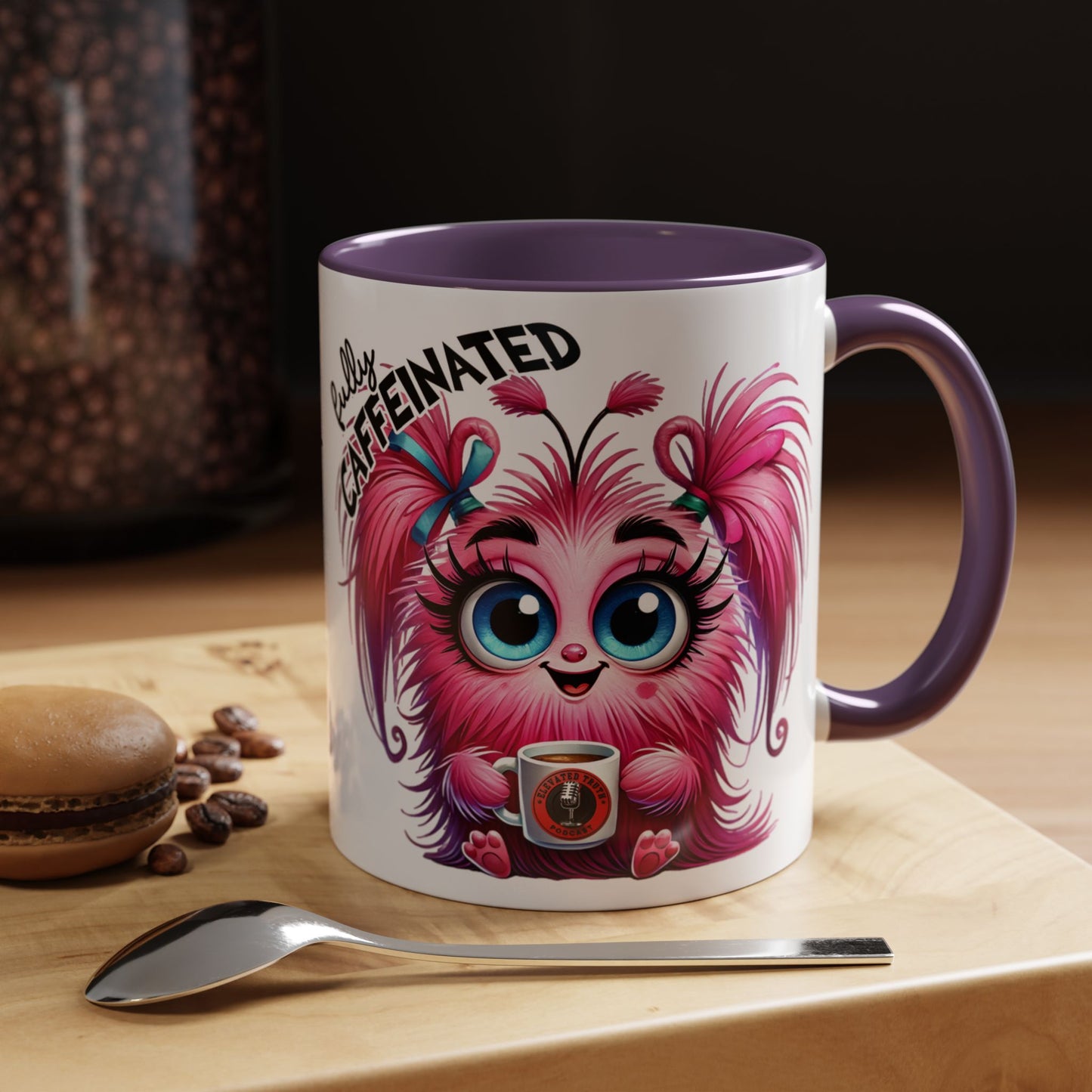 Accent Coffee Mug — "Scary Before Coffee, Extra Sparkly Cute After Coffee" Cute Girl Monster Coffee Mug (Girlfriend Gift)