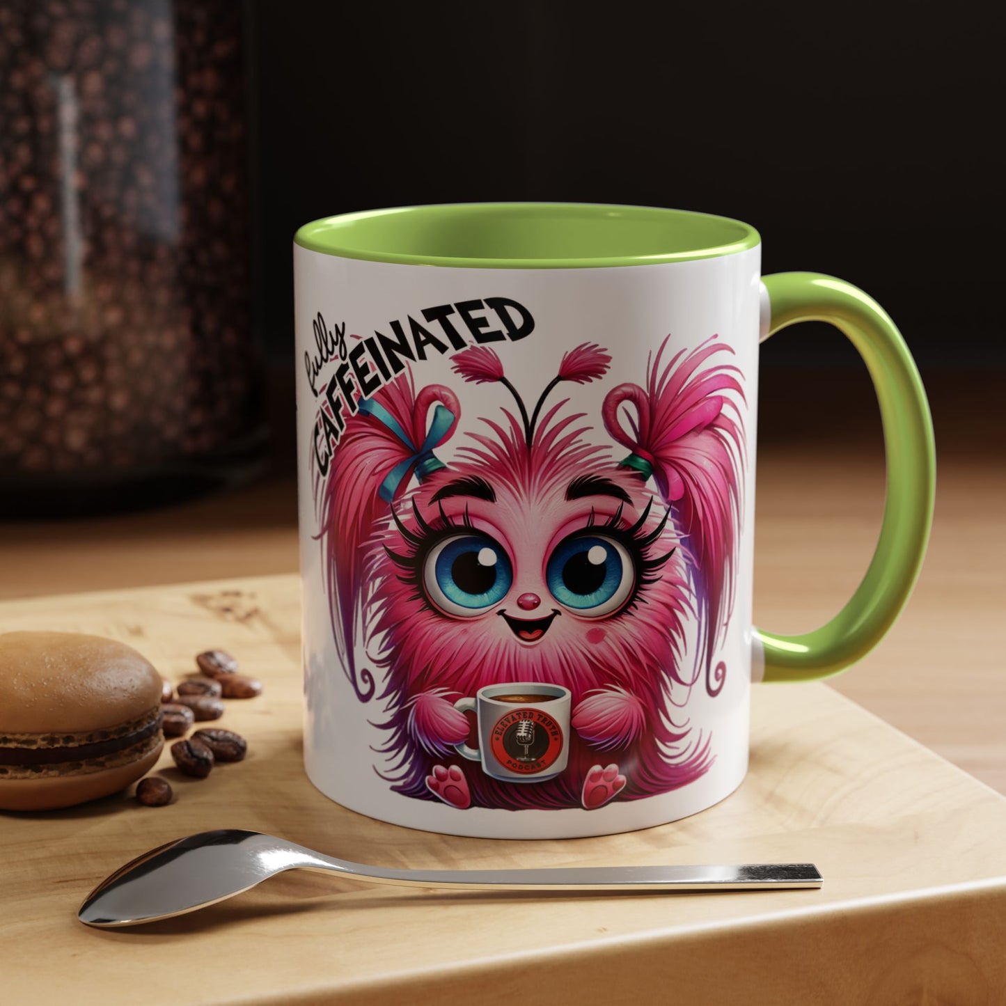 Accent Coffee Mug — "Scary Before Coffee, Extra Sparkly Cute After Coffee" Cute Girl Monster Coffee Mug (Girlfriend Gift)
