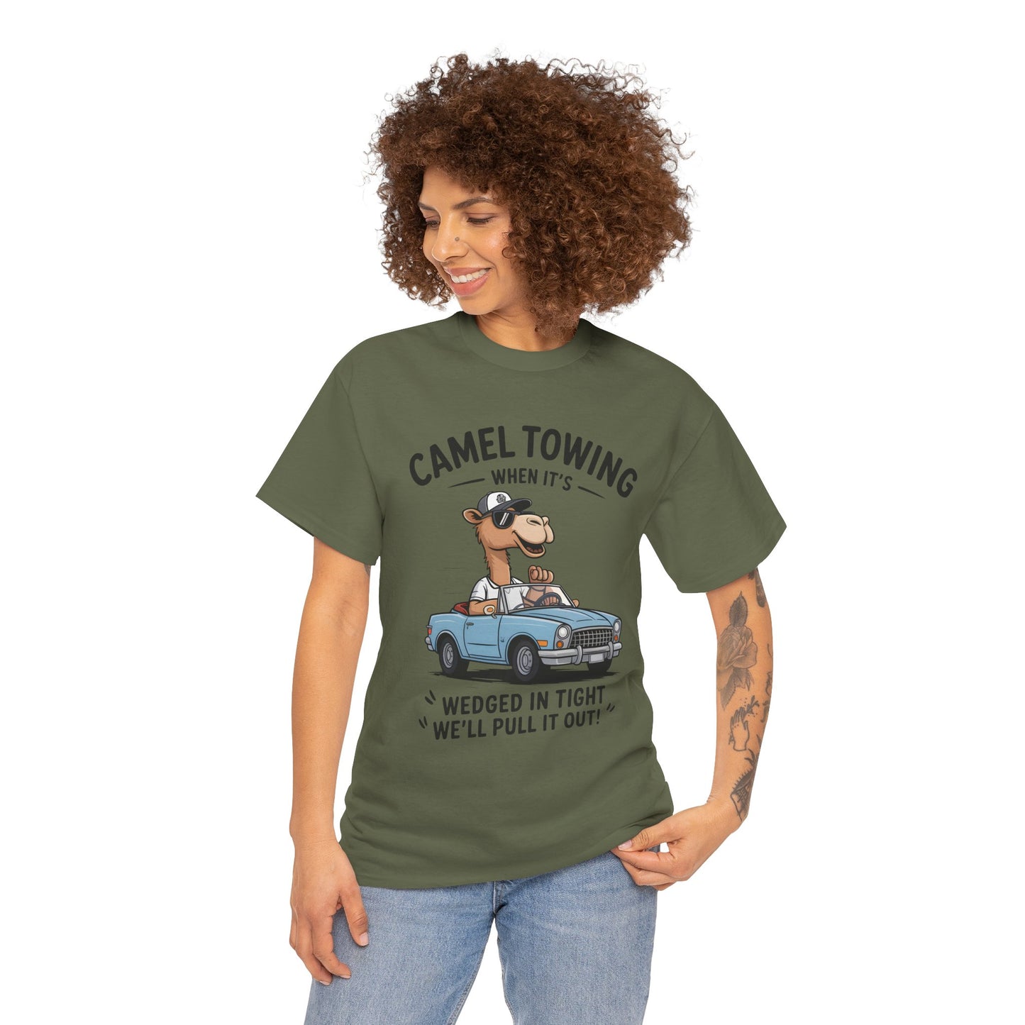 Camel Towing Tee — "When It's Wedged In Tight We'll Pull It Out" Funny Camel Mechanic T-Shirt