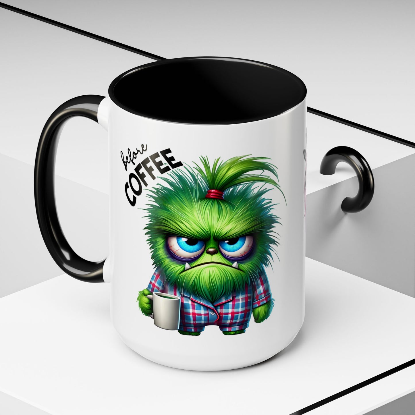 Accent Coffee Mug — "Scary Before Coffee, Extra Sparkly Cute After Coffee" Cute Girl Monster Coffee Mug (Girlfriend Gift)