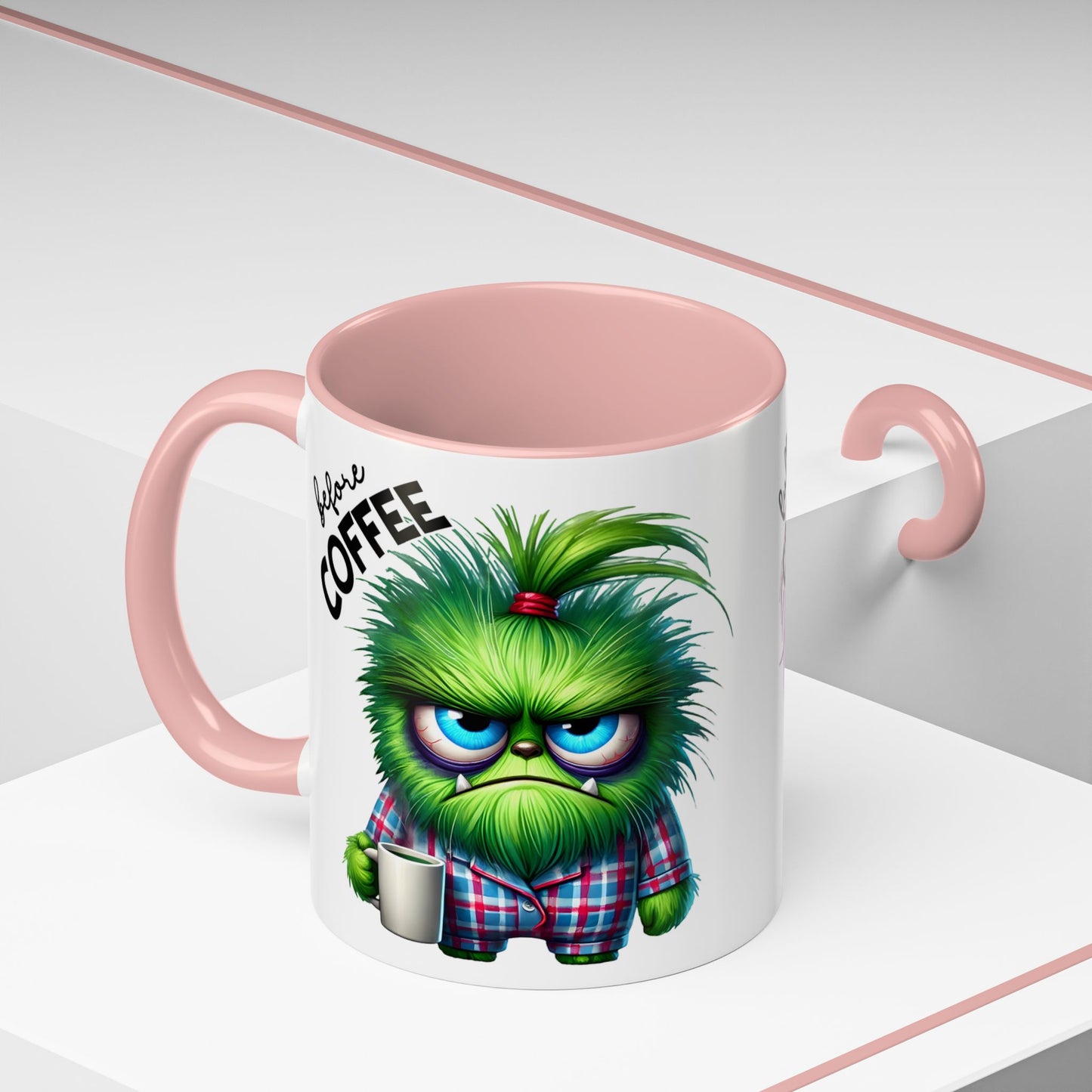 Accent Coffee Mug — "Scary Before Coffee, Extra Sparkly Cute After Coffee" Cute Girl Monster Coffee Mug (Girlfriend Gift)