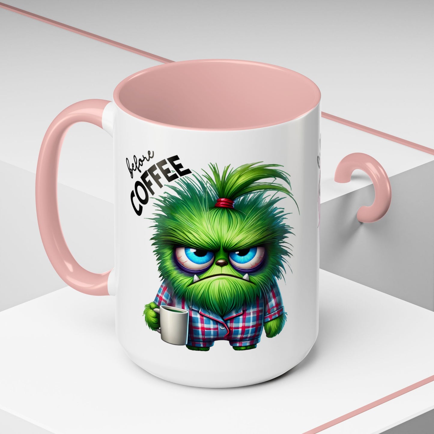 Accent Coffee Mug — "Scary Before Coffee, Extra Sparkly Cute After Coffee" Cute Girl Monster Coffee Mug (Girlfriend Gift)