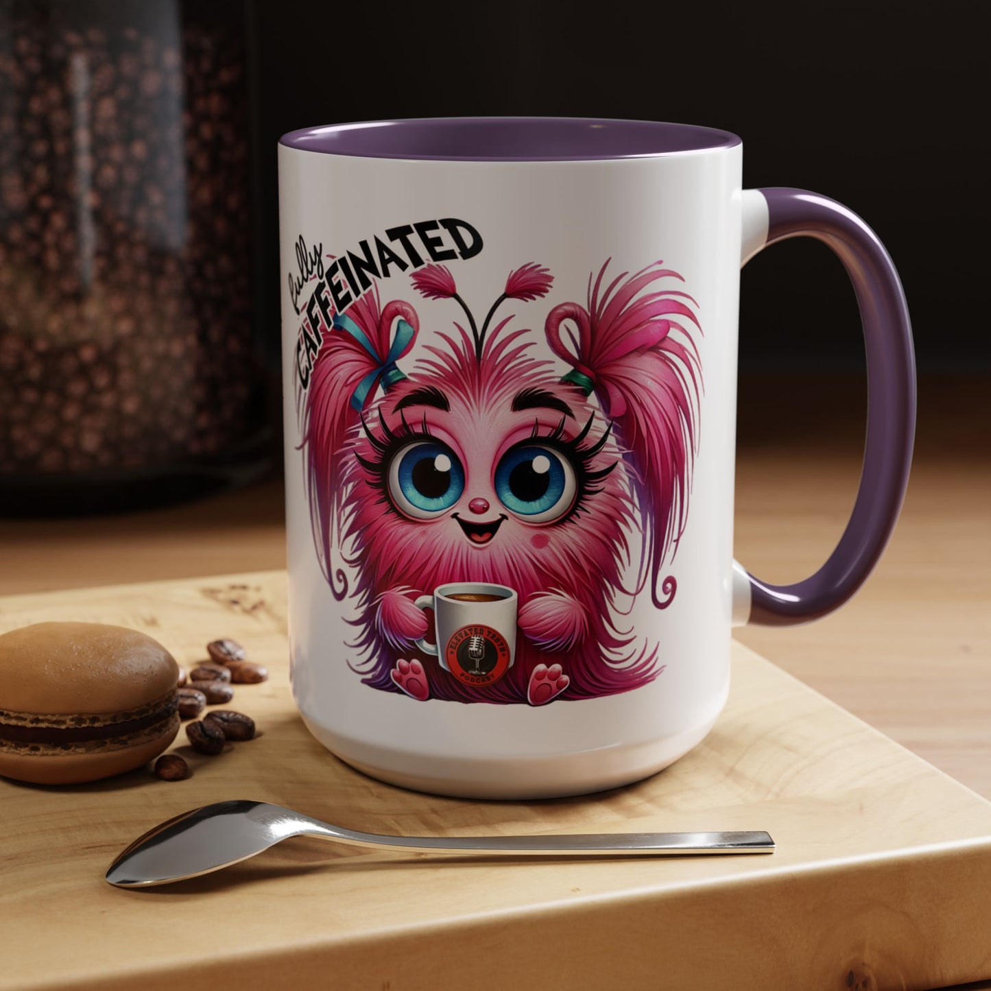 Accent Coffee Mug — "Scary Before Coffee, Extra Sparkly Cute After Coffee" Cute Girl Monster Coffee Mug (Girlfriend Gift)