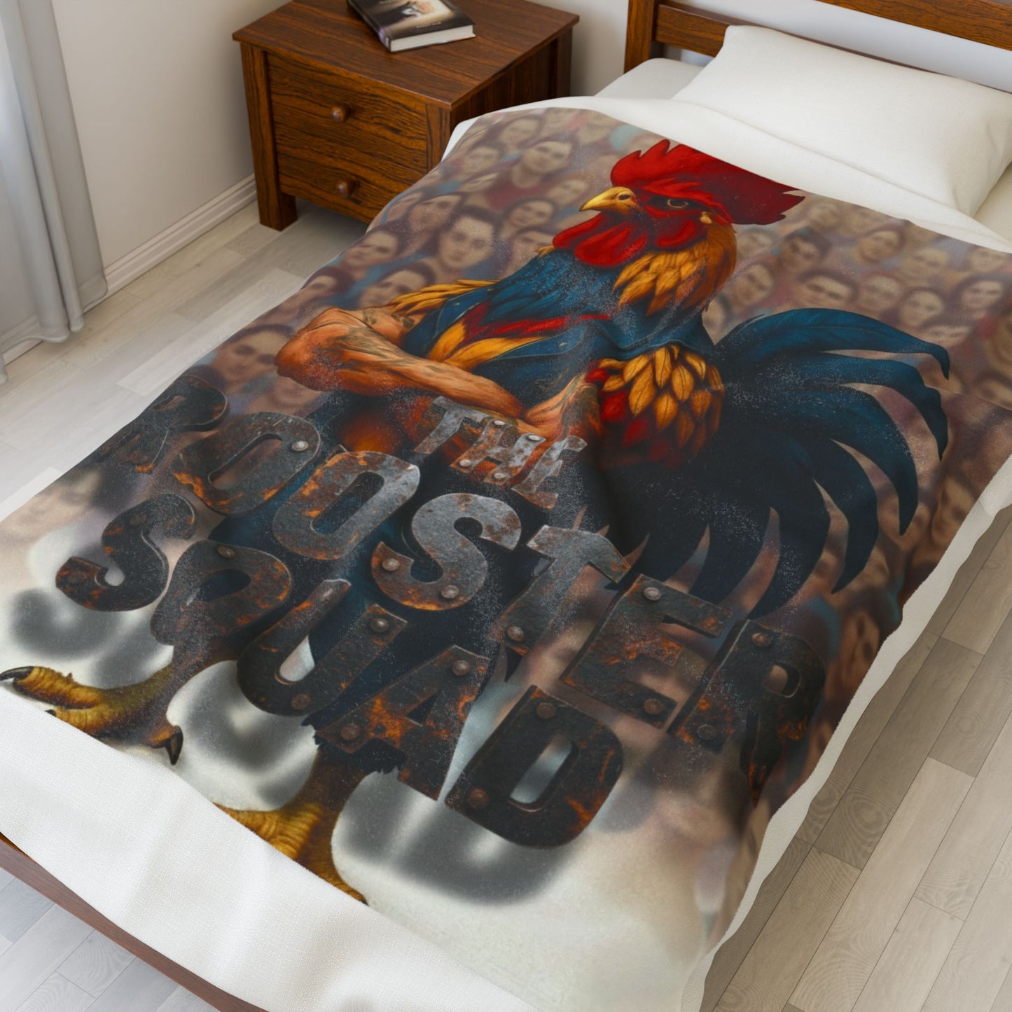 ROCK WITH YOUR FLOCK: The Rooster Squad Velveteen Plush Blanket — Bold Rooster Graphic Throw