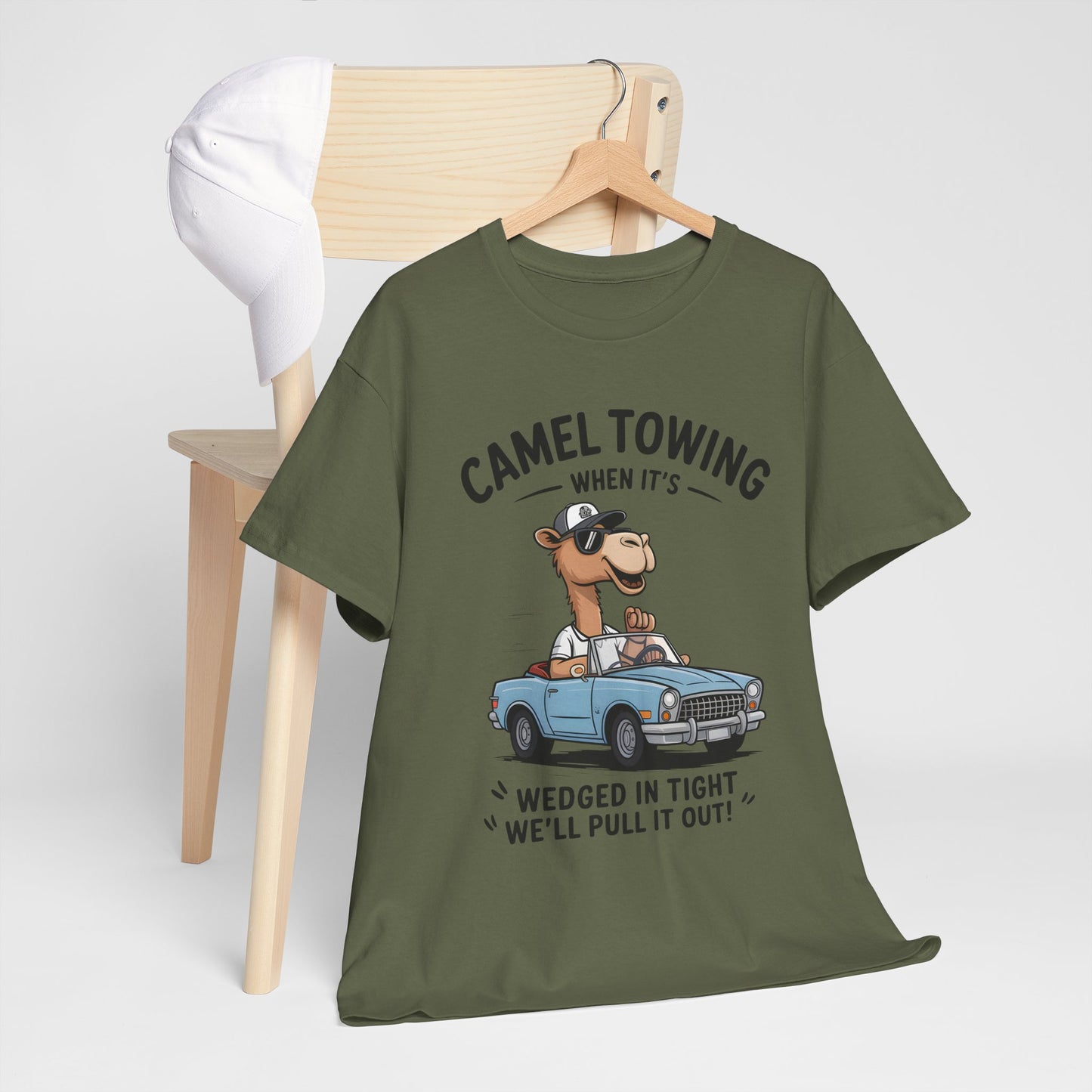 Camel Towing Tee — "When It's Wedged In Tight We'll Pull It Out" Funny Camel Mechanic T-Shirt