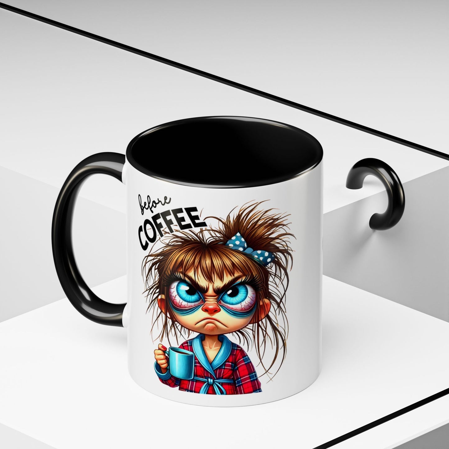 Funny Brown-Haired Girl Coffee Mug — "Messy Before Coffee, Fabulous After Coffee"