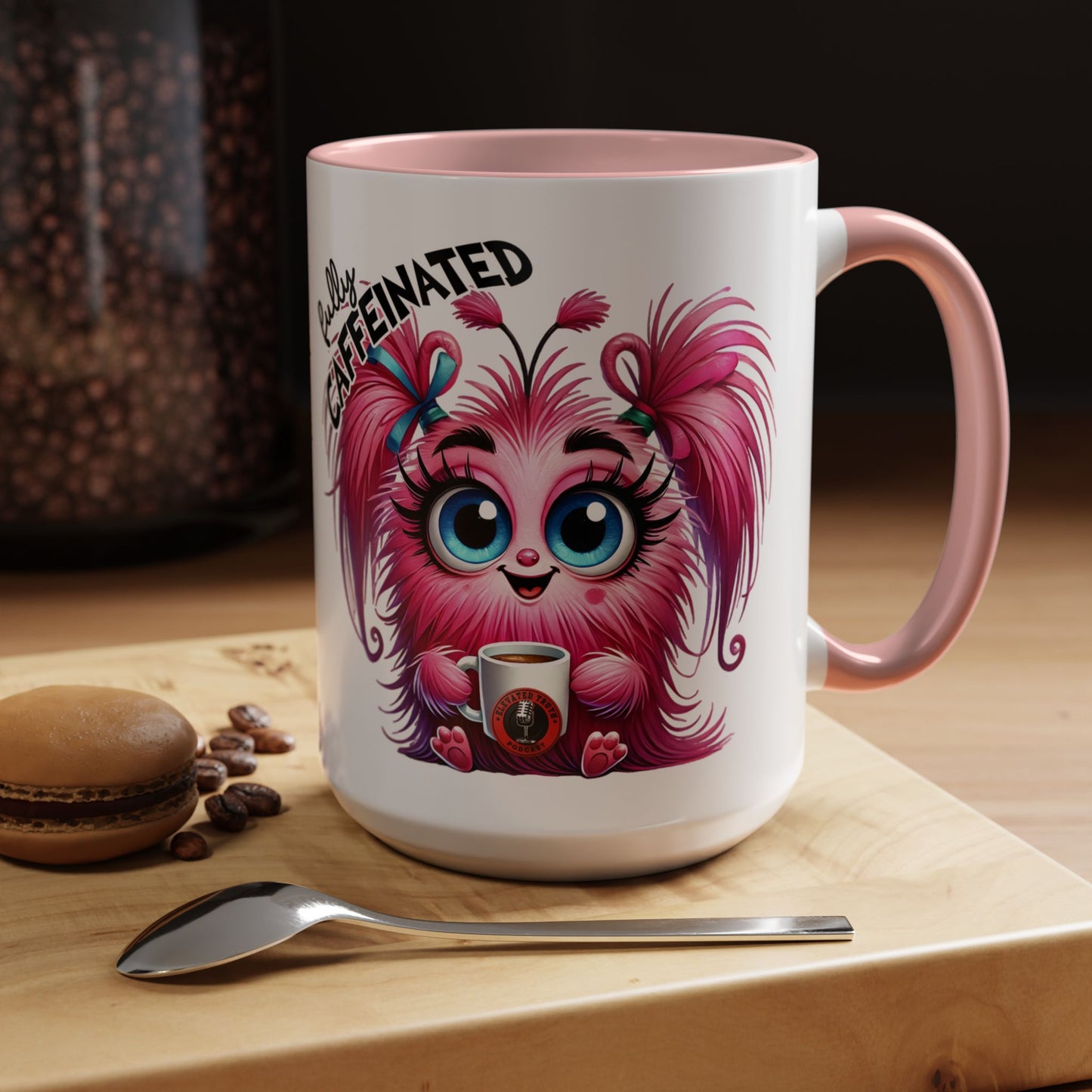Accent Coffee Mug — "Scary Before Coffee, Extra Sparkly Cute After Coffee" Cute Girl Monster Coffee Mug (Girlfriend Gift)