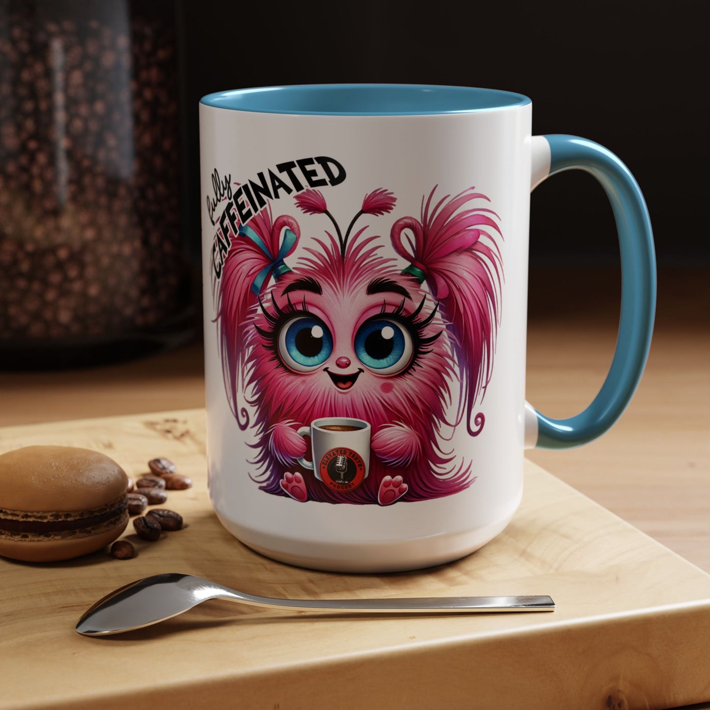Accent Coffee Mug — "Scary Before Coffee, Extra Sparkly Cute After Coffee" Cute Girl Monster Coffee Mug (Girlfriend Gift)