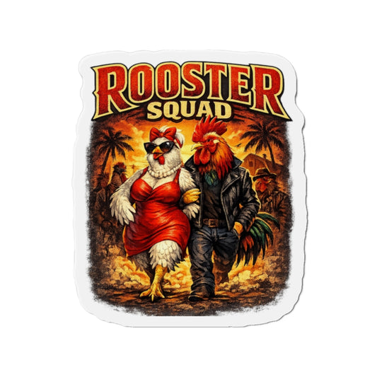 Rooster Squad Die-Cut Magnet — Retro Rockabilly Chicken Couple Refrigerator Sticker