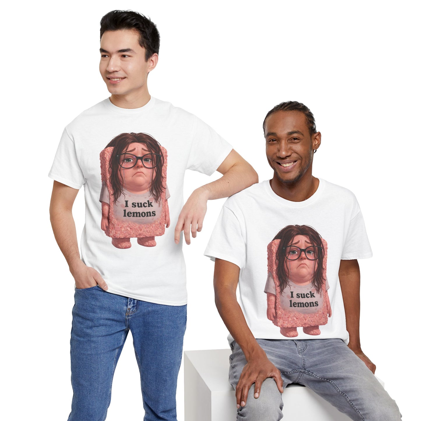 Graphic Tee — Cute Sad SPAM  Character with 'I suck lemons' Slogan
