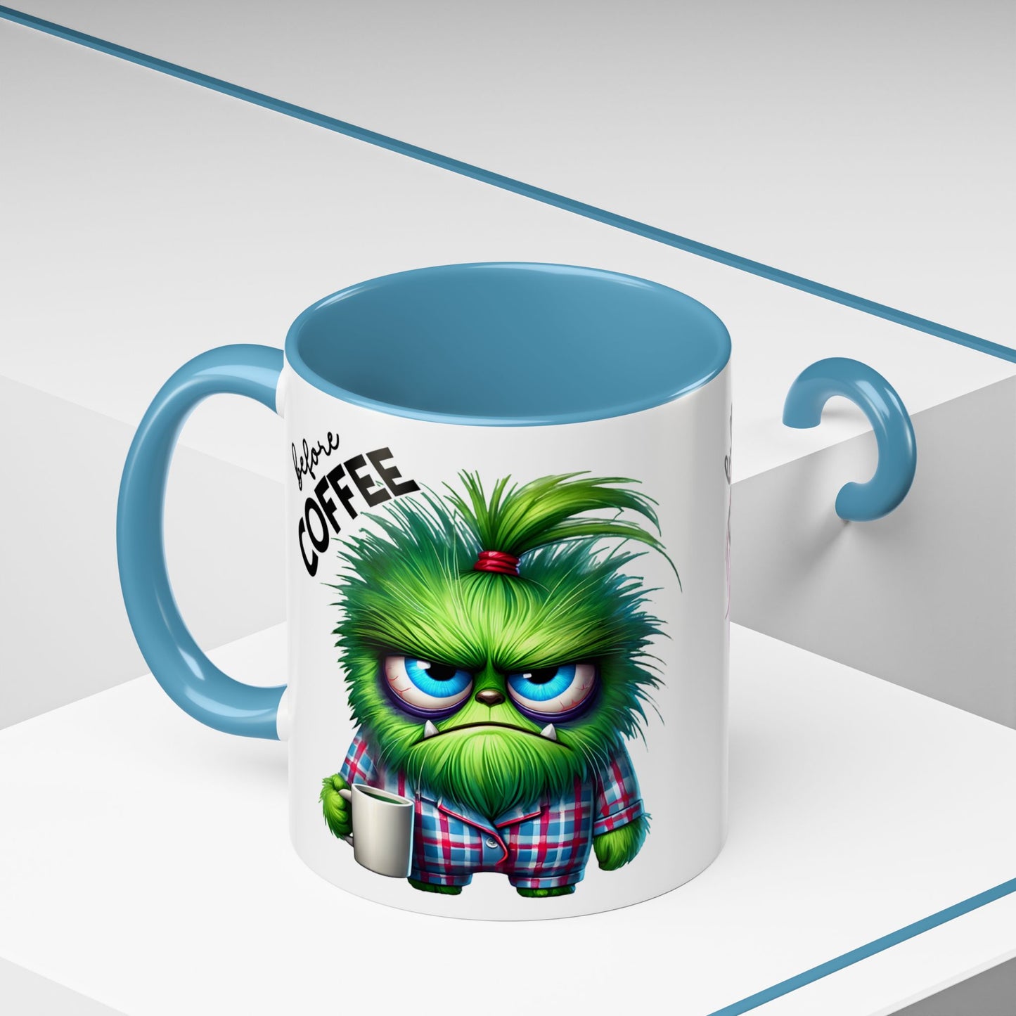 Accent Coffee Mug — "Scary Before Coffee, Extra Sparkly Cute After Coffee" Cute Girl Monster Coffee Mug (Girlfriend Gift)