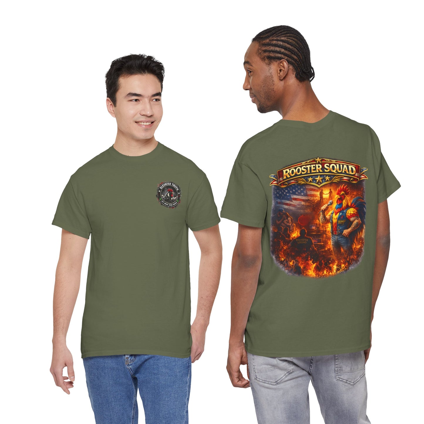 Rooster Squad Graphic Tee — Vintage Firefighter-Style Back Print