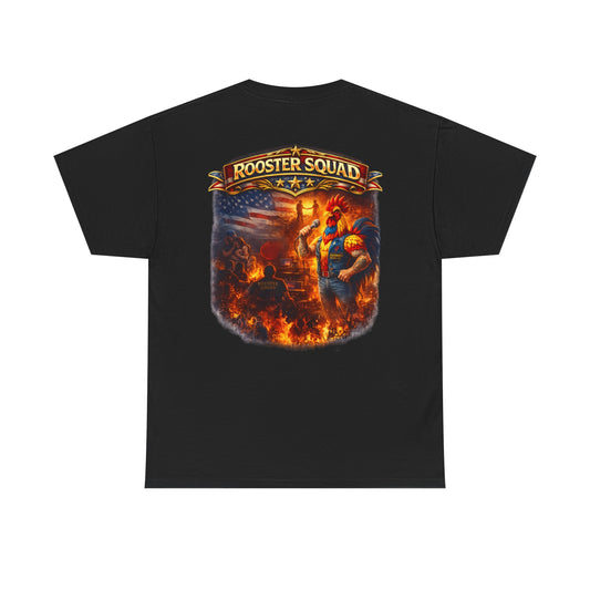Rooster Squad Graphic Tee — Vintage Firefighter-Style Back Print