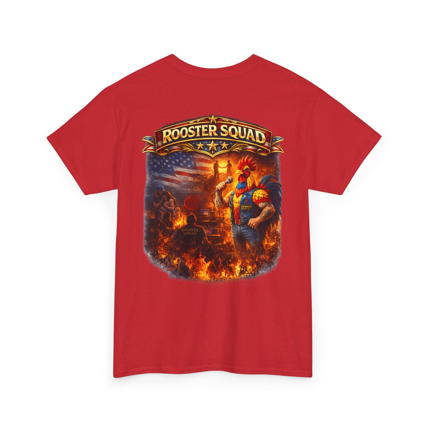 Rooster Squad Graphic Tee — Vintage Firefighter-Style Back Print