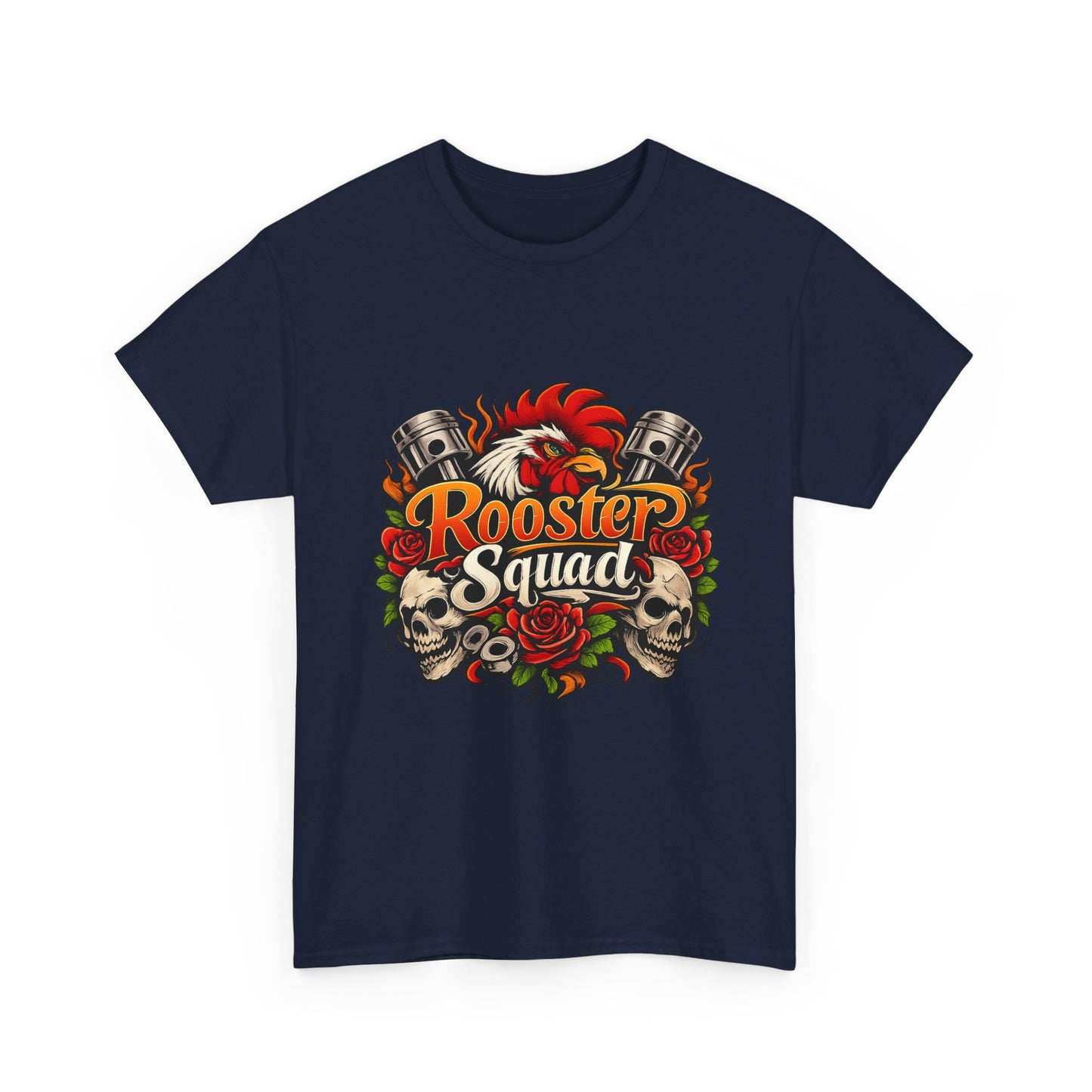 Rooster Squad Graphic Tee — Retro Skull & Pistons Vintage Motorcycle Shirt