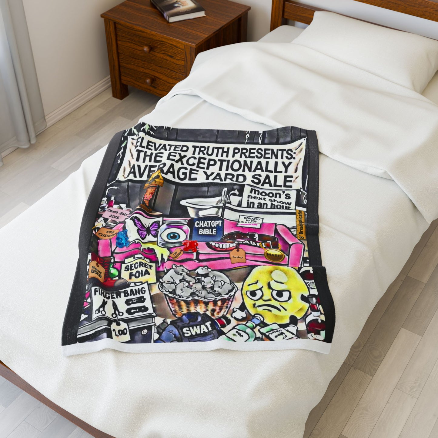 Velveteen Plush Blanket — 'Elevated Truths' Humorous Year‑End Yard Sale Design