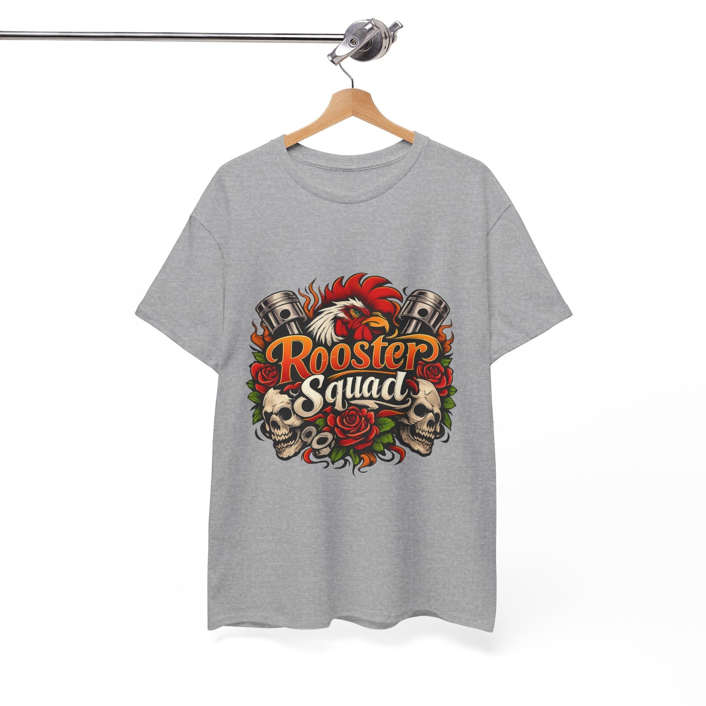 Rooster Squad Graphic Tee — Retro Skull & Pistons Vintage Motorcycle Shirt