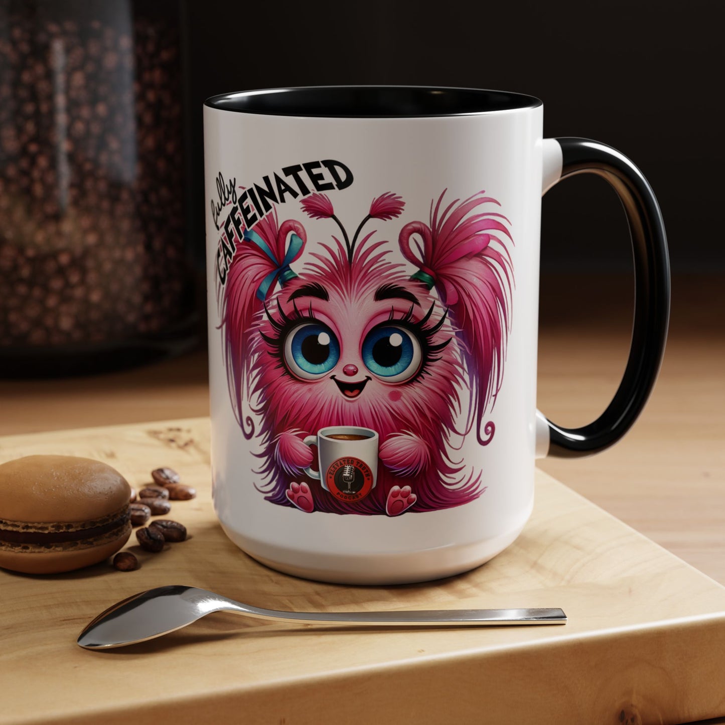 Accent Coffee Mug — "Scary Before Coffee, Extra Sparkly Cute After Coffee" Cute Girl Monster Coffee Mug (Girlfriend Gift)