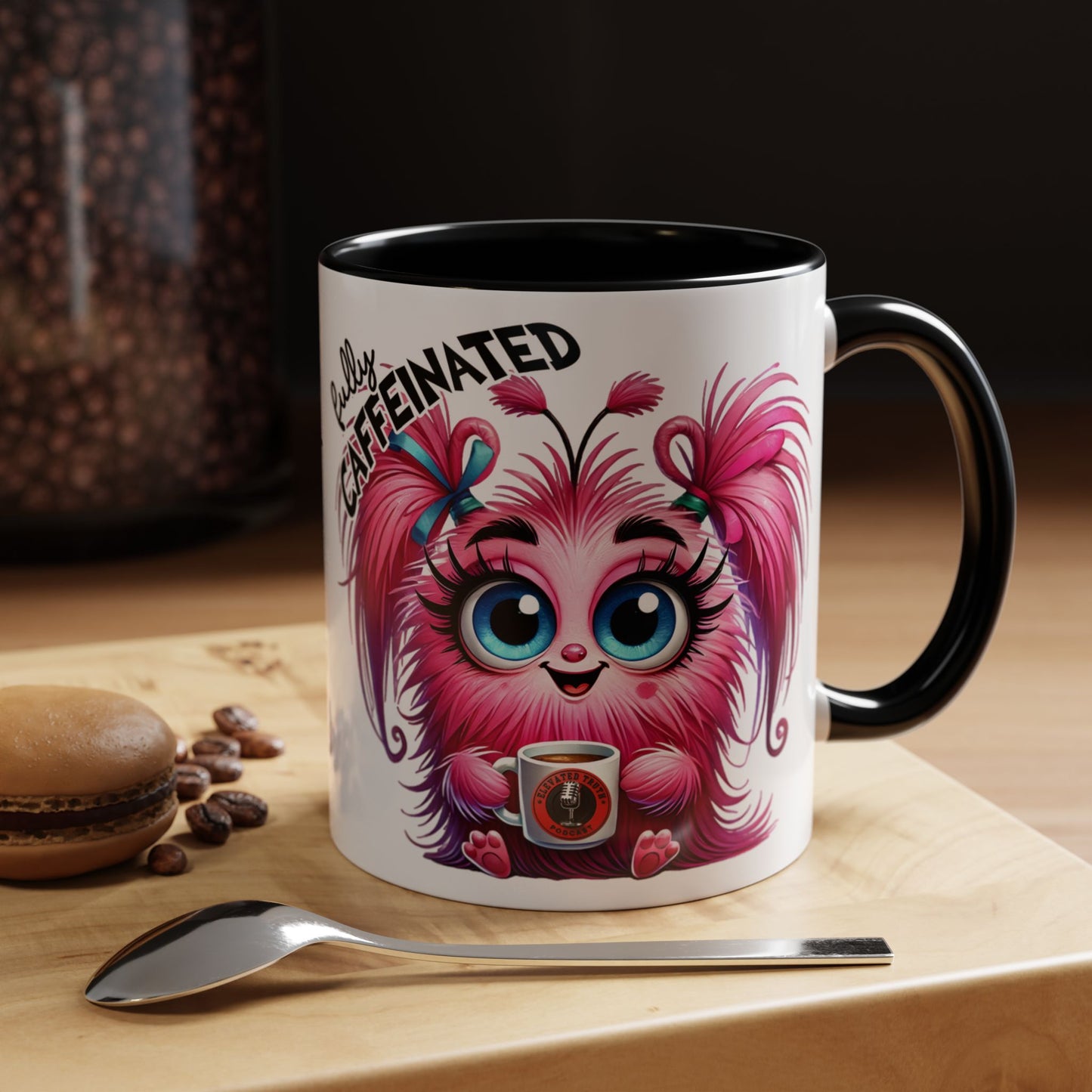 Accent Coffee Mug — "Scary Before Coffee, Extra Sparkly Cute After Coffee" Cute Girl Monster Coffee Mug (Girlfriend Gift)
