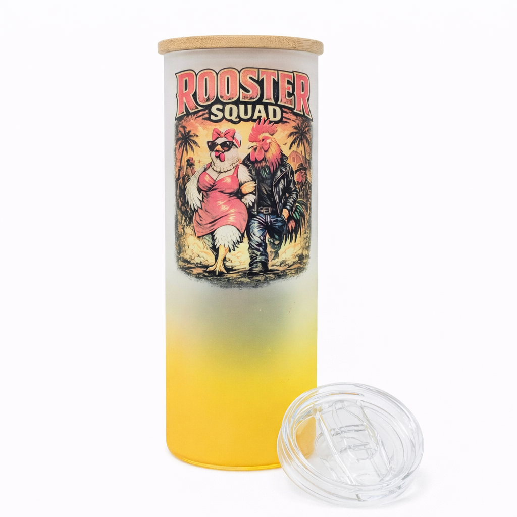 Rooster Squad 20oz Frosted Glass Tumbler – Funny Chicken Couple Cup – Includes Bamboo Lid & Slide Lid
