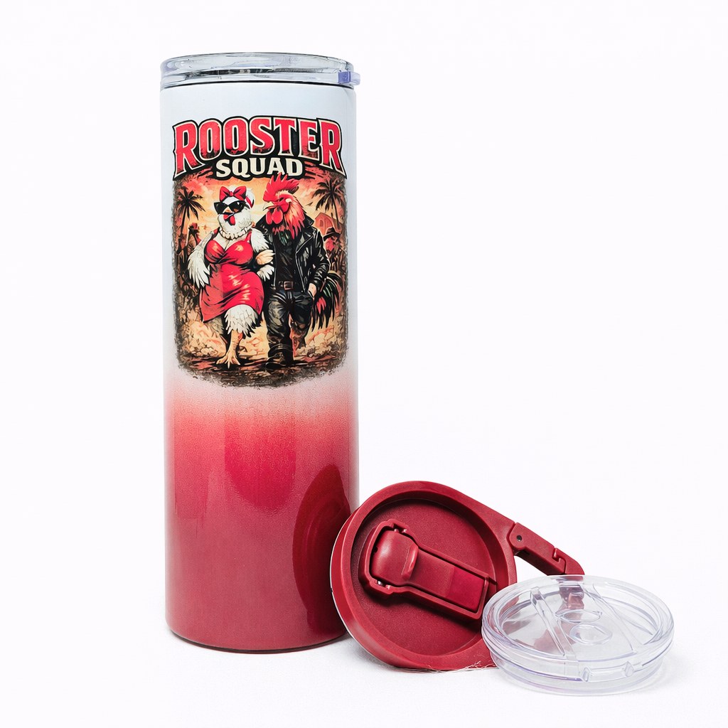 Rooster Squad 20oz Tumbler – Dark Orange Ombre Sublimation Cup with Carabiner Lid & Slide Lid | Funny Chicken Tumbler