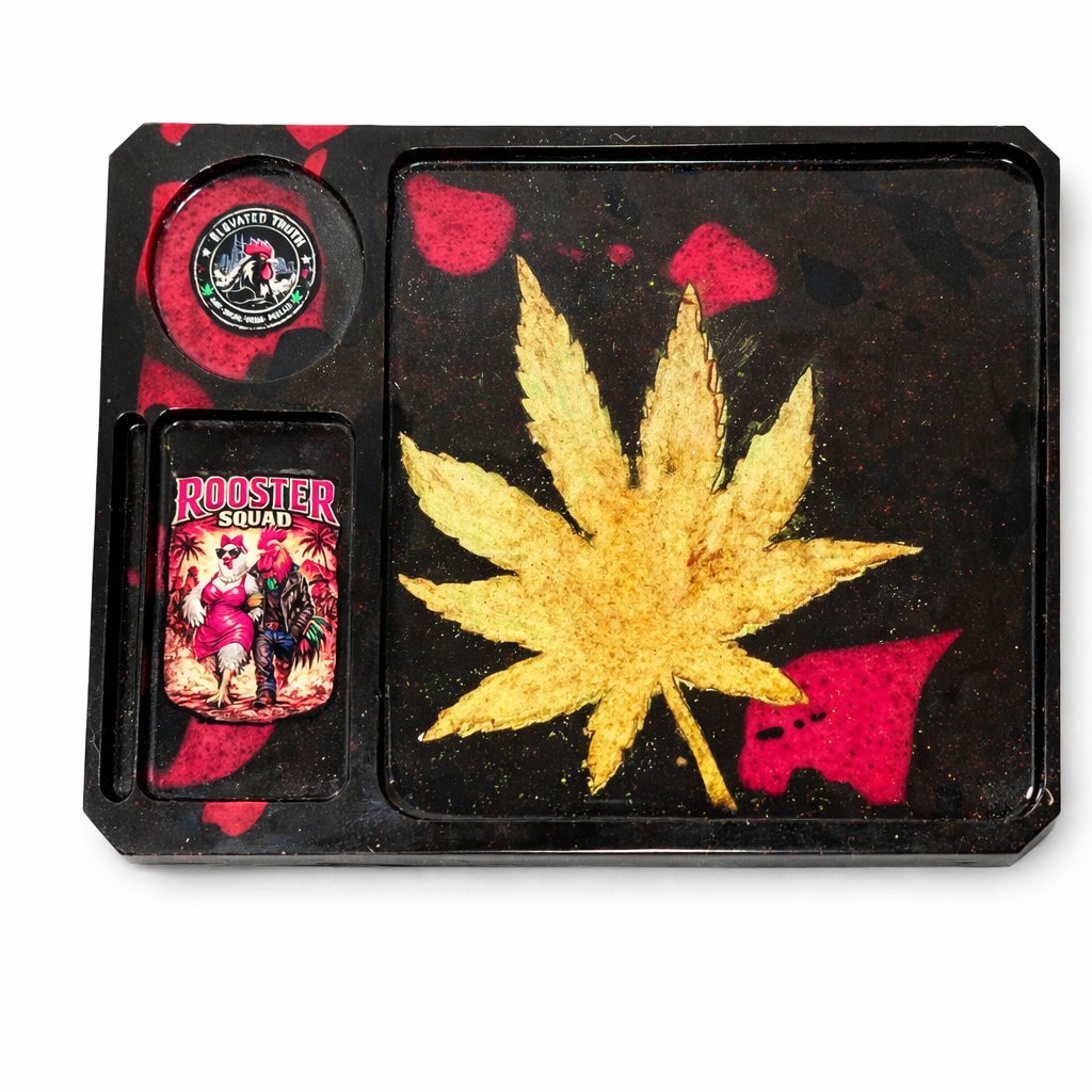 Rooster Squad Resin Rolling Tray – Handmade Gold Cannabis Leaf Tray with Red Resin Accents