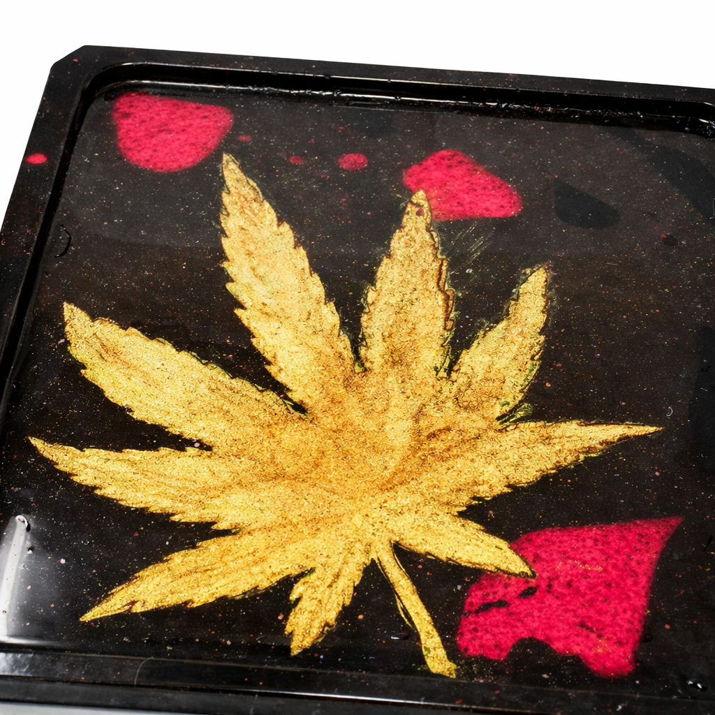 Rooster Squad Resin Rolling Tray – Handmade Gold Cannabis Leaf Tray with Red Resin Accents