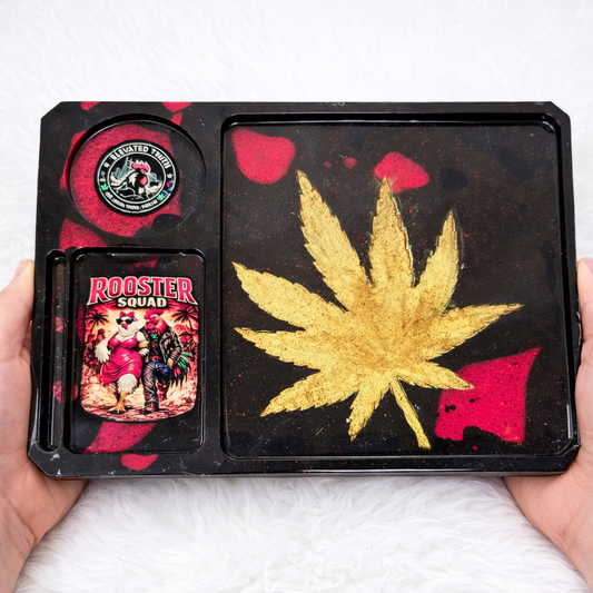 Rooster Squad Resin Rolling Tray – Handmade Gold Cannabis Leaf Tray with Red Resin Accents