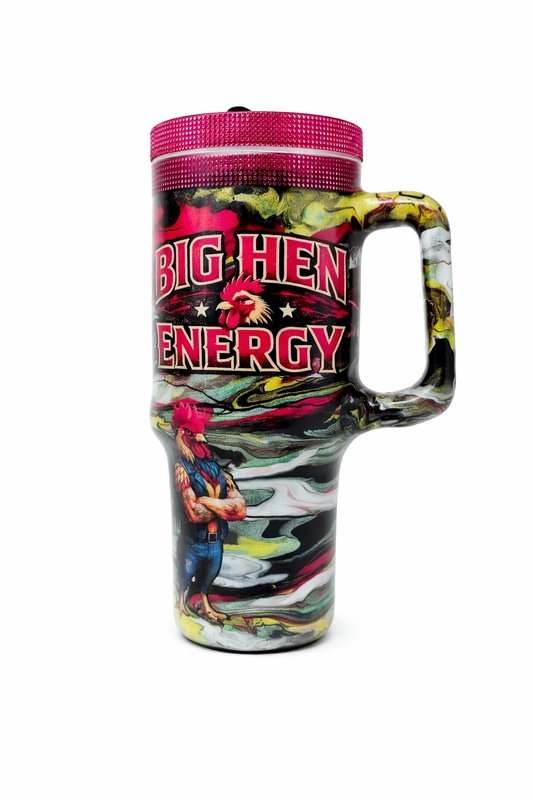 Big Hen Energy 40oz Stanley Style Tumbler – Rhinestone Lid & Cup | Handmade Rooster Tumbler | Funny Chicken Cup | Resin Swirl Travel Mug