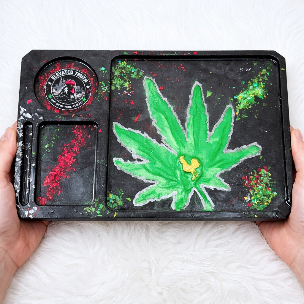 Elevated Truth Resin Rolling Tray – Handmade Cannabis Leaf Tray with Storage Compartments | Custom Smoke Station Tray